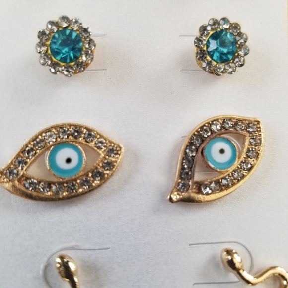 3/30❤️Evil Eye Protection Teal Stud Earrings 3 pcs Set New - Picture 4 of 9